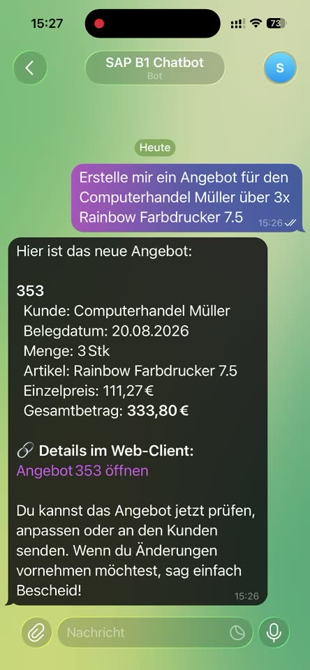 Telegram-chat: sætningen er blevet tilbud 353 til Computerhandel Müller med mængde, stykpris, samlet beløb og link ind i WebClient.