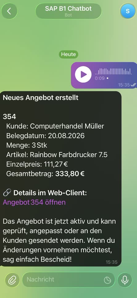 Telegram-chat: en talebesked på ni sekunder er sendt, nedenunder svaret med det nyoprettede tilbud 354.