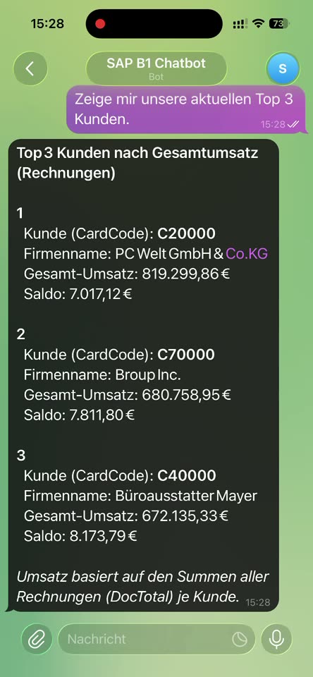 Telegram-chat: de tre største kunder efter samlet omsætning med kortnummer, firmanavn, omsætning og saldo.
