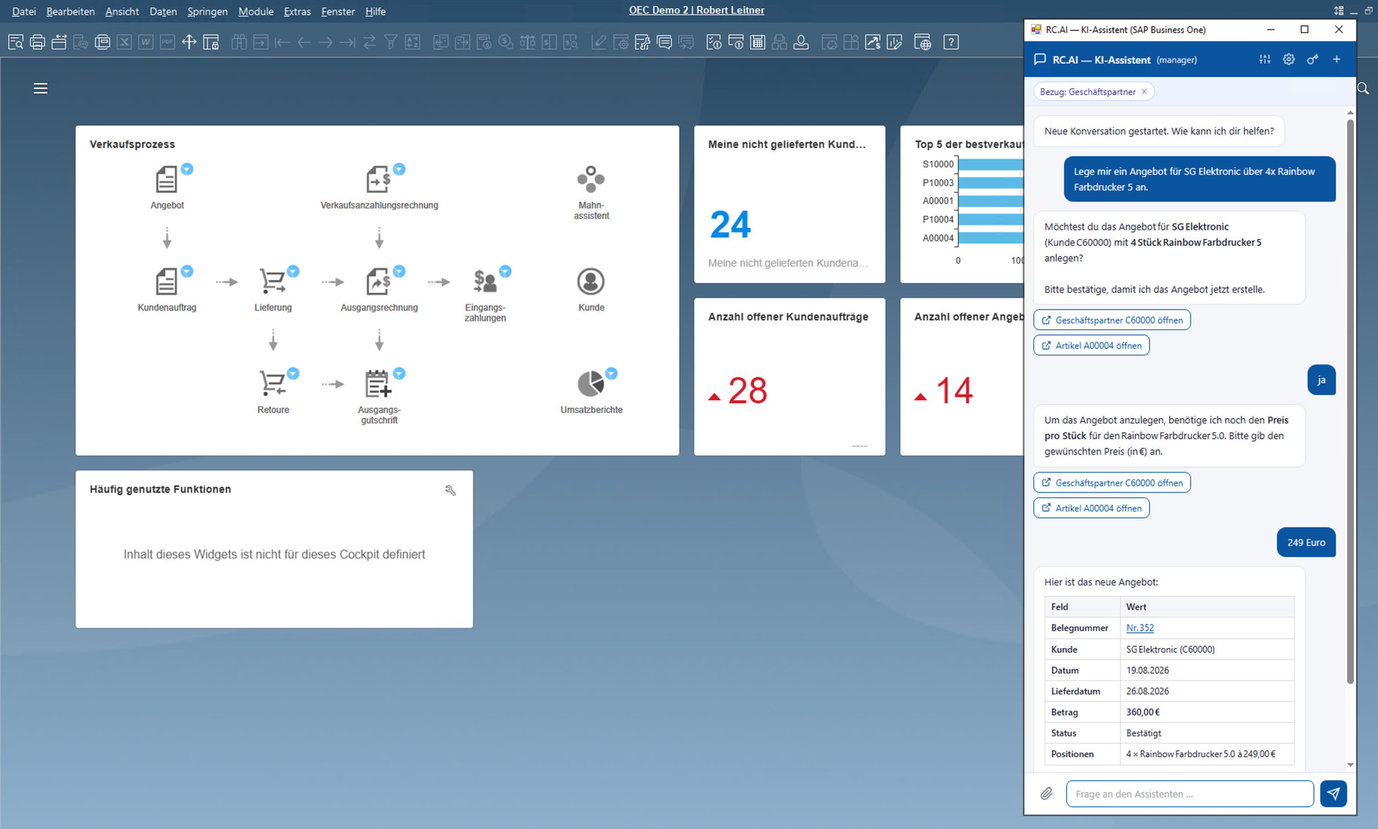 RC.AI i SAP Business One-klienten: assistenten spørger efter stykprisen, beder om bekræftelse og opretter derefter tilbud nr. 352 til SG Elektronic.