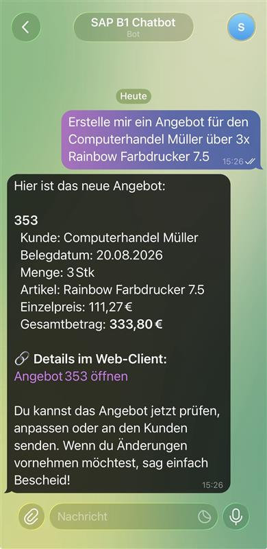 Telegram-chat med RC.AI: én sætning bliver tilbud 353 med kunde, mængde, stykpris og link ind i WebClient.