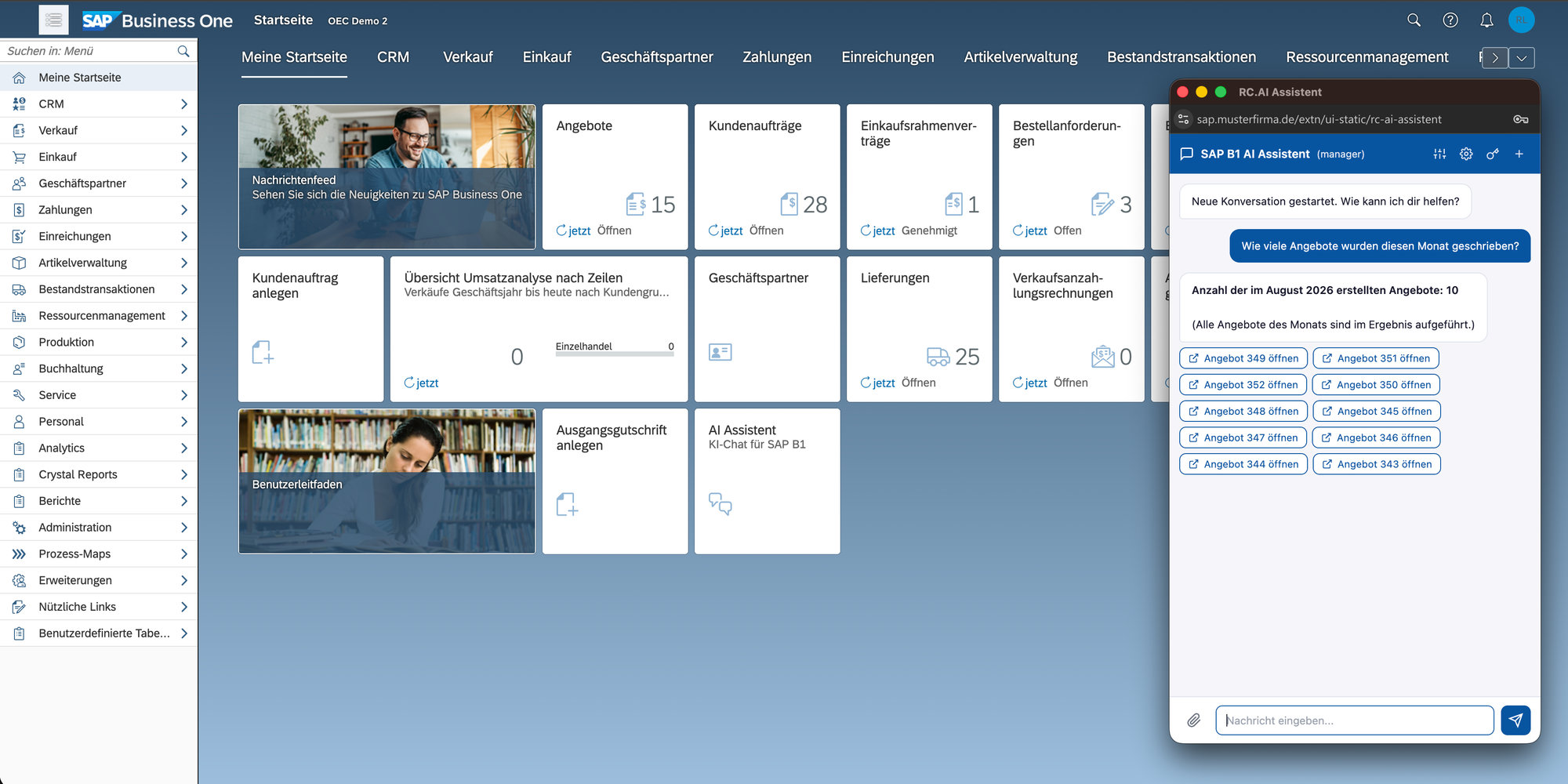 RC.AI i SAP Business One WebClient besvarer, hvor mange tilbud der er skrevet denne måned, og lister hvert enkelt som en knap.
