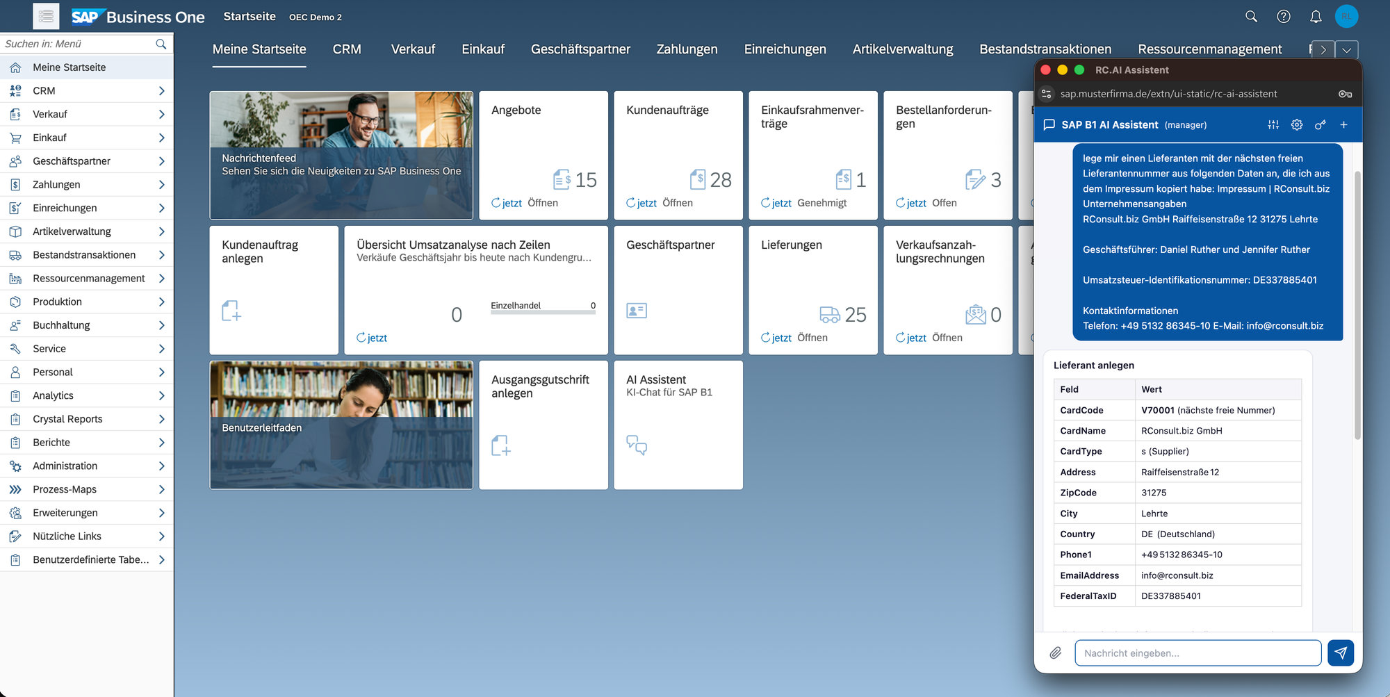 Tekst kopieret fra en kolofon i chatten i SAP Business One WebClient, nedenunder den feltliste RC.AI har udfyldt til den nye leverandør med kortnummer, adresse, telefonnummer og momsnummer.