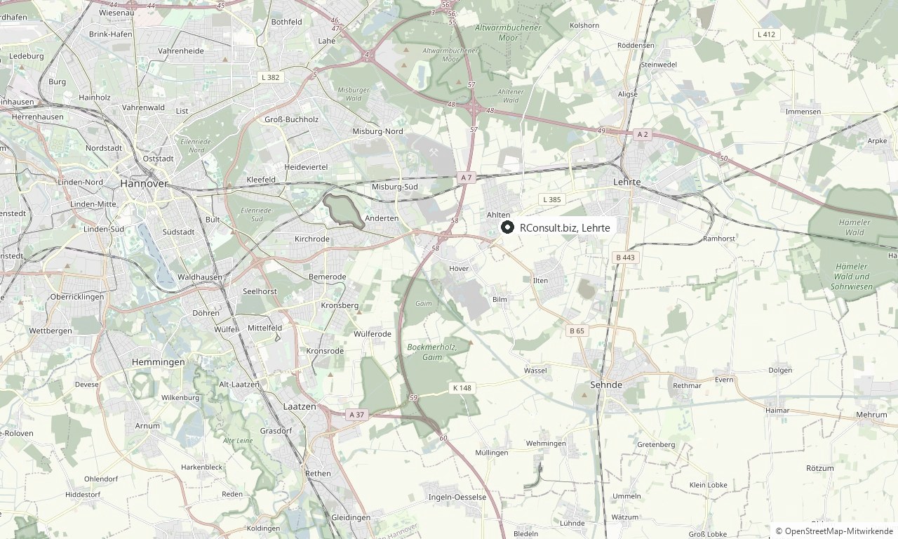 Karte mit dem Standort Lehrte-Ahlten östlich von Hannover, mit den Autobahnen A2 und A7 in direkter Nähe